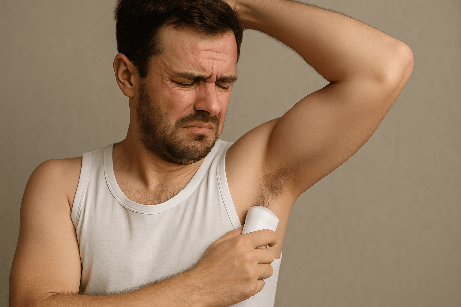 Mies pitelee kainaloaan deodorantin kirvelyn vuoksi