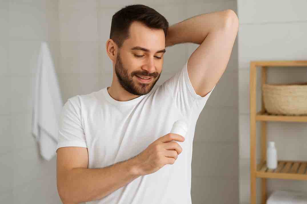 Alumiiniton deodorantti puisella tasolla, vieressä taitettu pyyhe ja vesilasi.