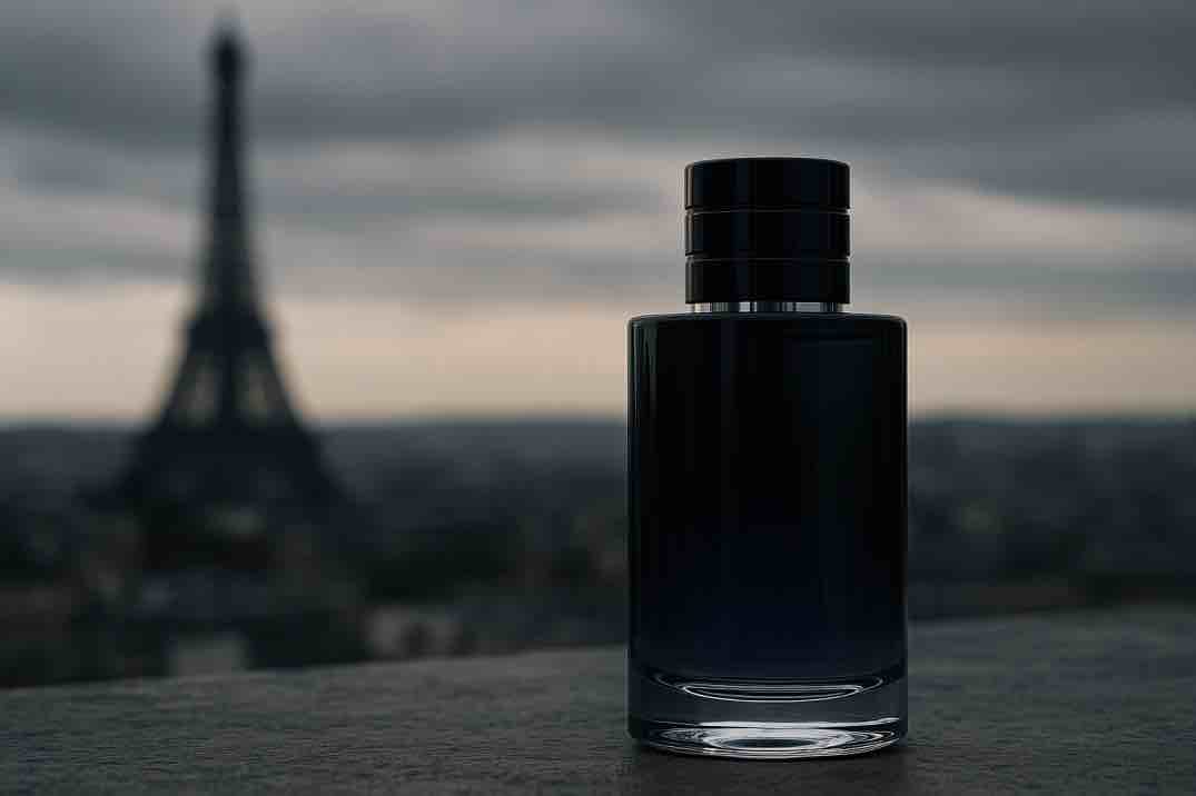Tumma hajuvesipullo Eiffel-tornin sumeaa siluettia vasten