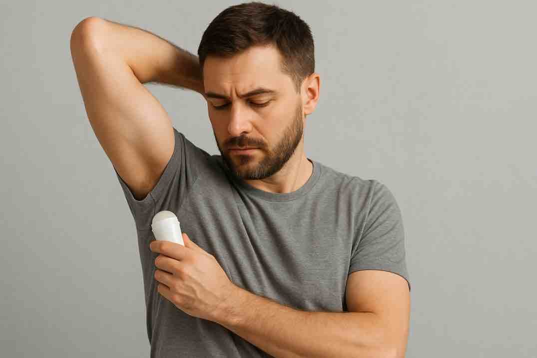 Mies levittää antiperspiranttia kainaloon kylpyhuoneessa illalla