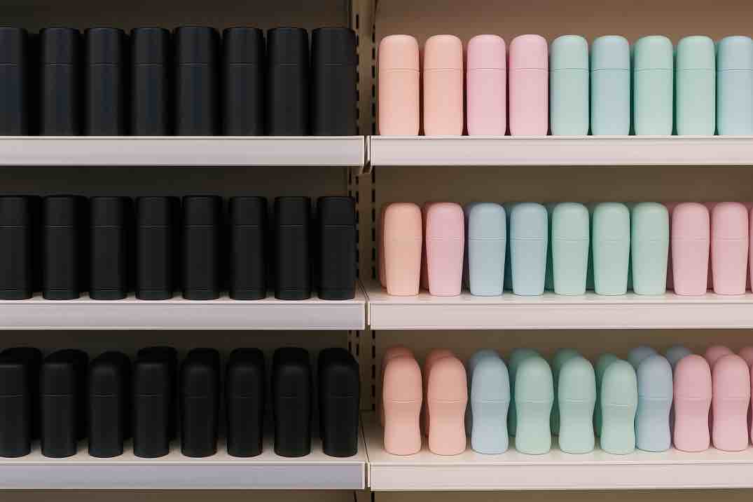 Miesten ja naisten deodoranttipulloja vierekkäin kylpyhuoneen hyllyllä