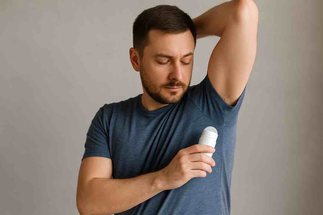 Tumma antiperspiranttipullo lasisella kylpyhuonehyllyllä aamuvalossa