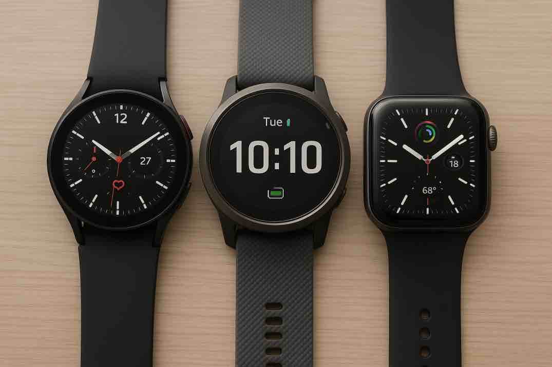 Apple, Samsung ja Garmin älykellot rinnakkain pöydällä