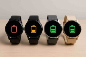 Neljä älykelloa rivissä pöydällä, jokaisessa eri akkutaso näytöllä.