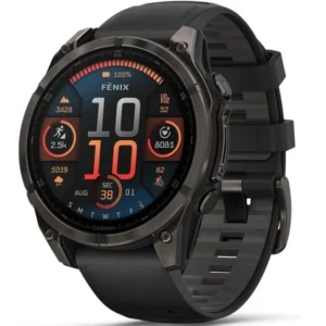 Garmin Fenix 8 AMOLED Sapphire Titanium älykello titaanirungolla ja kirkkaalla näytöllä