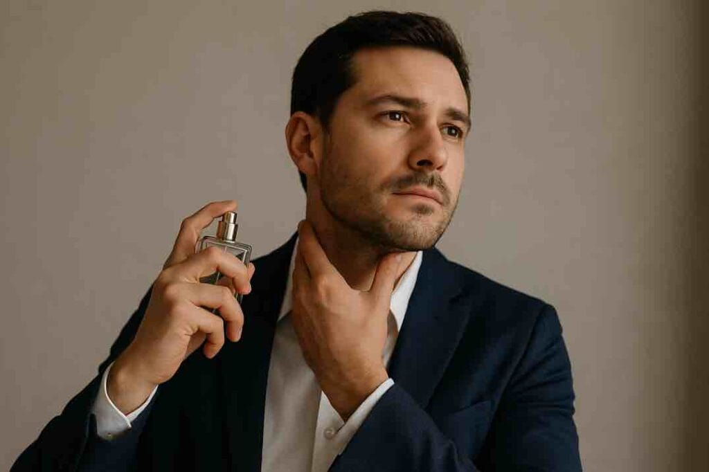 Mies suihkuttaa kallista hajuvettä kaulalleen tyylikkäässä asussa