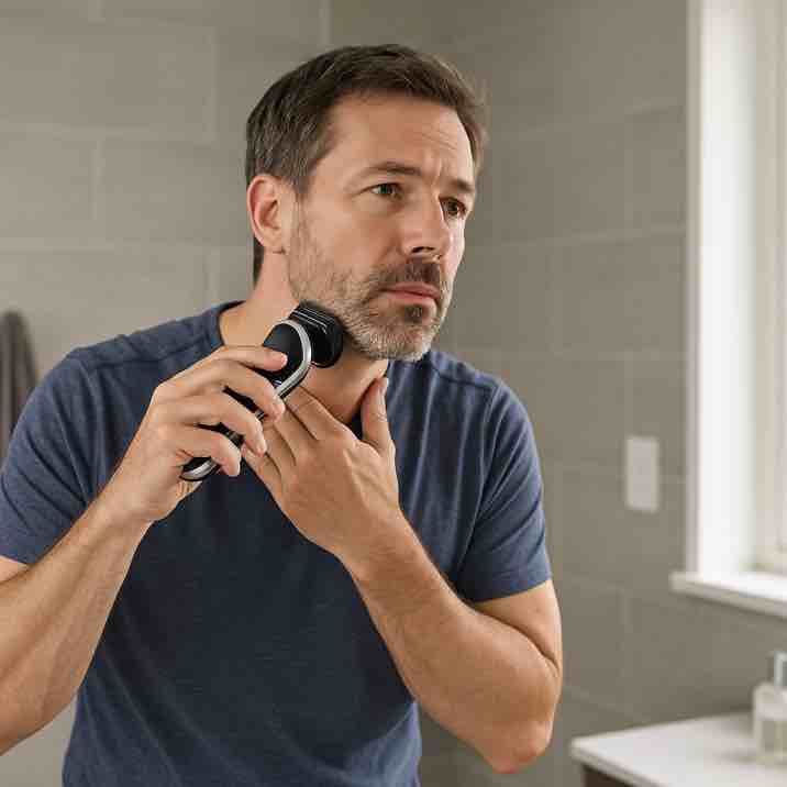 Mies ajaa partaansa sähköparranajokoneella kylpyhuoneessa