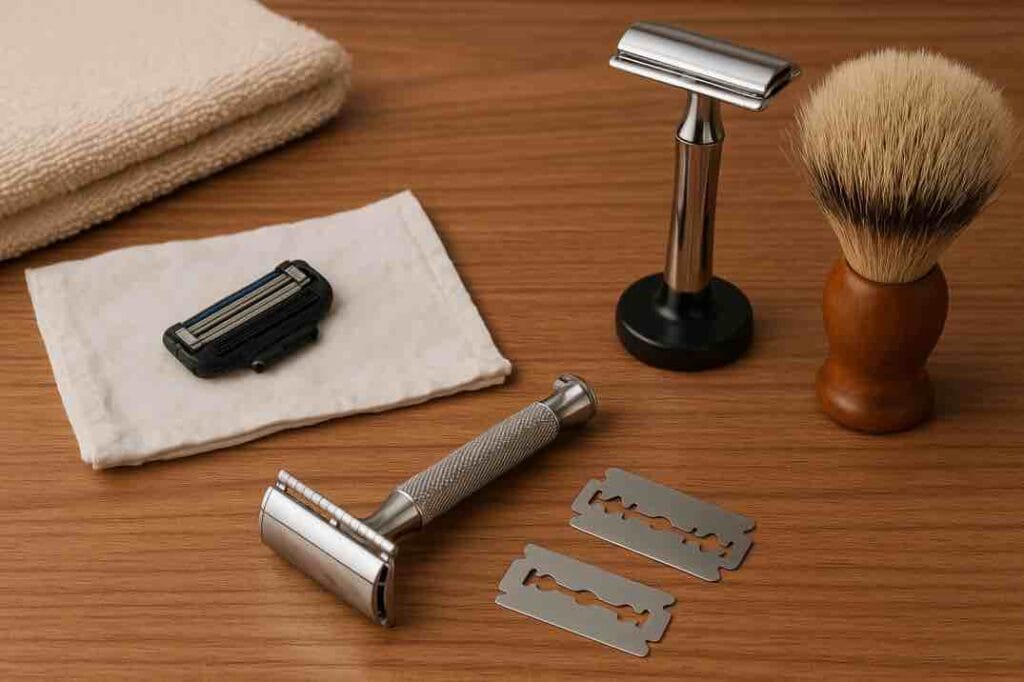 Pöydällä on partahöyliä, vaihtoteriä ja ajosivellin, jotka kuvaavat partahöylän terien vaihtoa ja huoltoa.