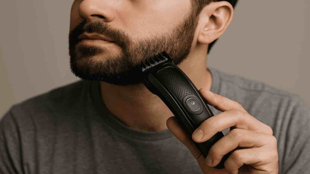 Mies trimmaa partaansa sähköisellä partatrimmerillä lähikuvassa.