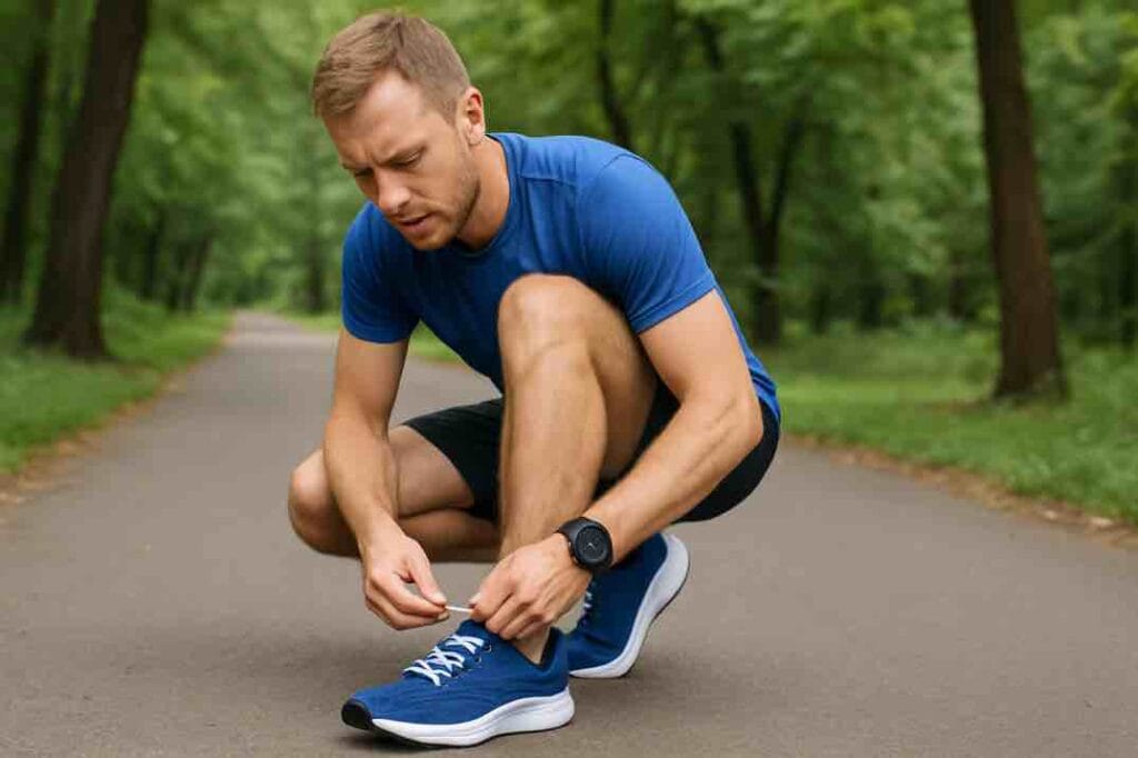 Mies sitoo juoksukenkiään metsäisessä puistossa ennen lenkkiä