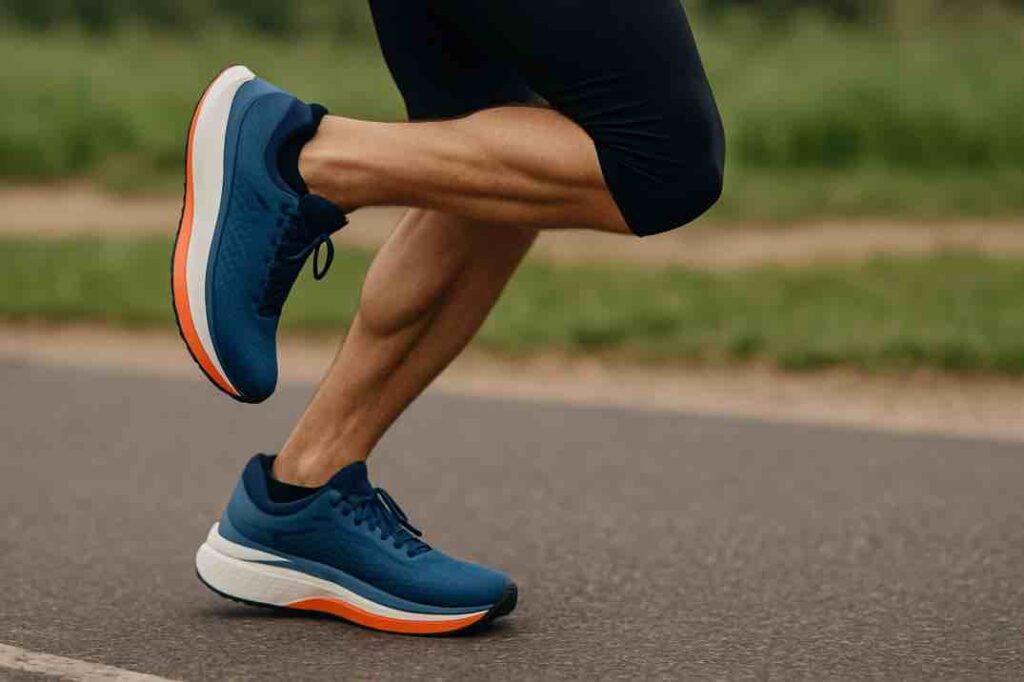 Juoksija mid-askeleessa asfaltilla pitkällä lenkillä, vaimennetut juoksukengät jalassa.