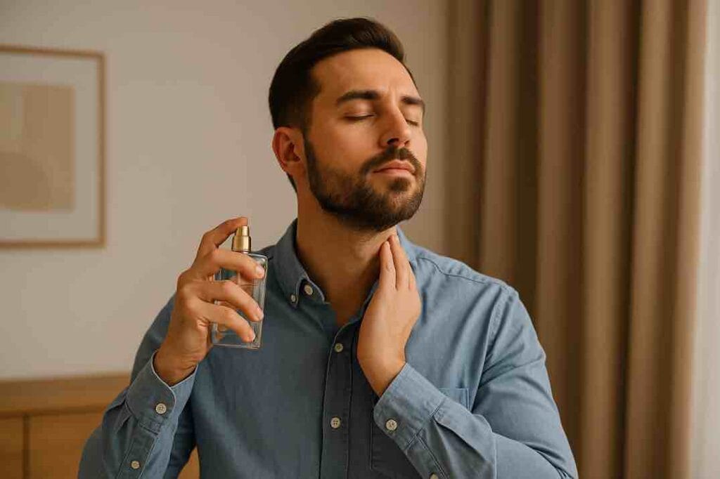 Mies suihkuttaa edullista hajuvettä – halvimmat hajuvedet miehille