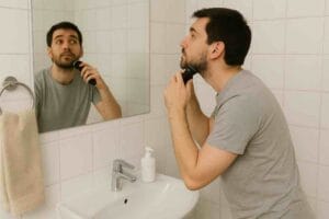 Mies ajaa partaa sähköisellä partakoneella kylpyhuoneessa