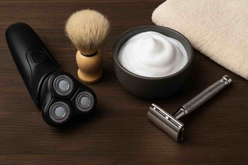 Sähköparranajokone, partahöylä, ajosuti ja ajovaahto aseteltuna tummalle puupöydälle.