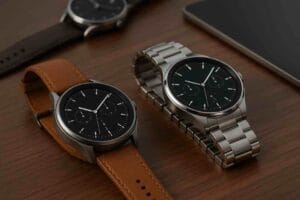 Kaksi älykelloa puisella pöydällä, toisessa nahkaranneke ja toisessa metalliranneke.