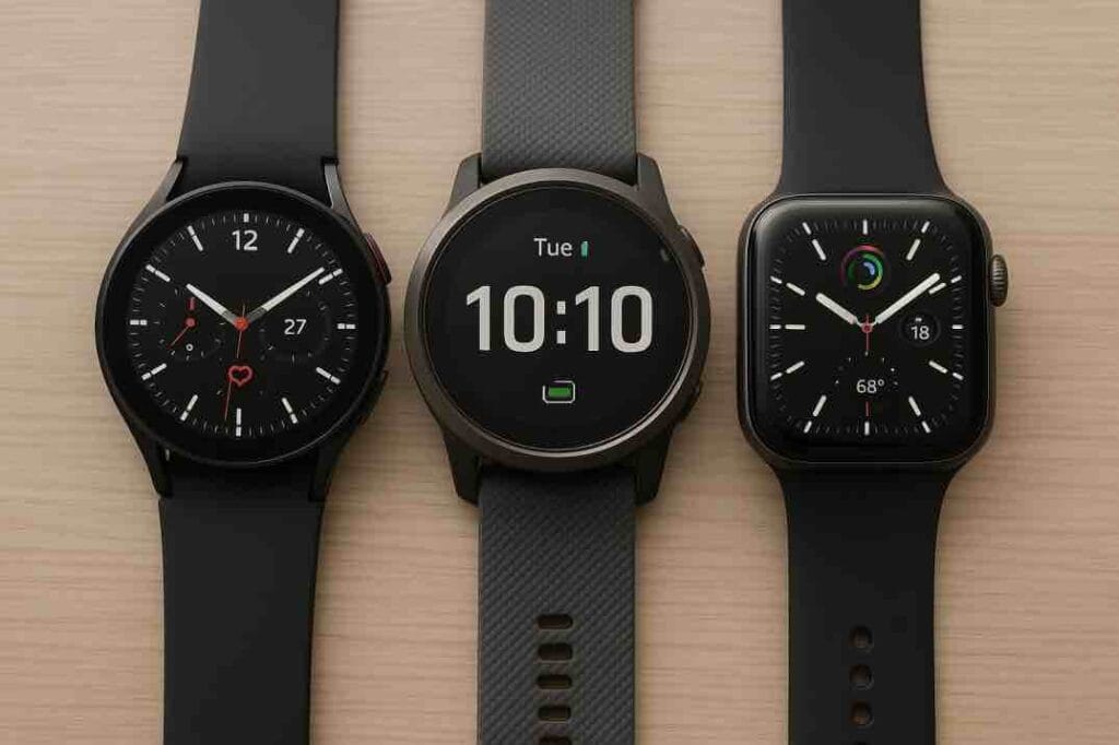 Samsung-, Garmin- ja Apple-älykellot pöydällä vierekkäin vertailua varten