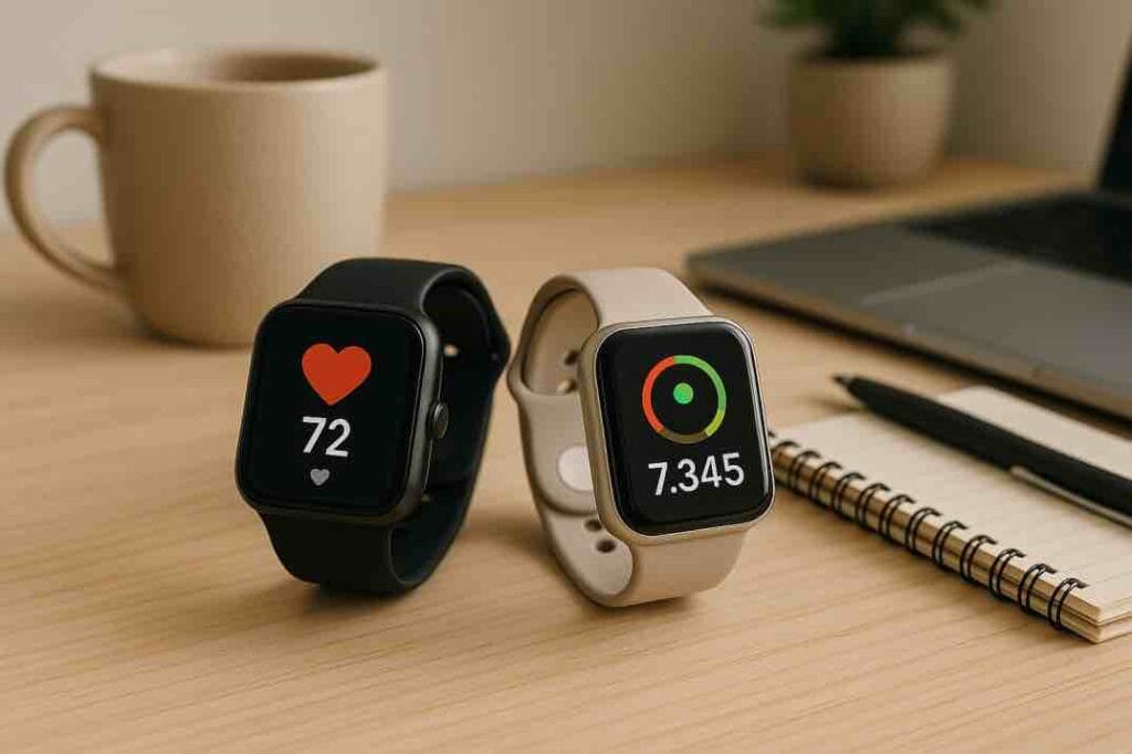 Kaksi älykelloa työpöydällä näyttämässä sykettä ja askelmäärää