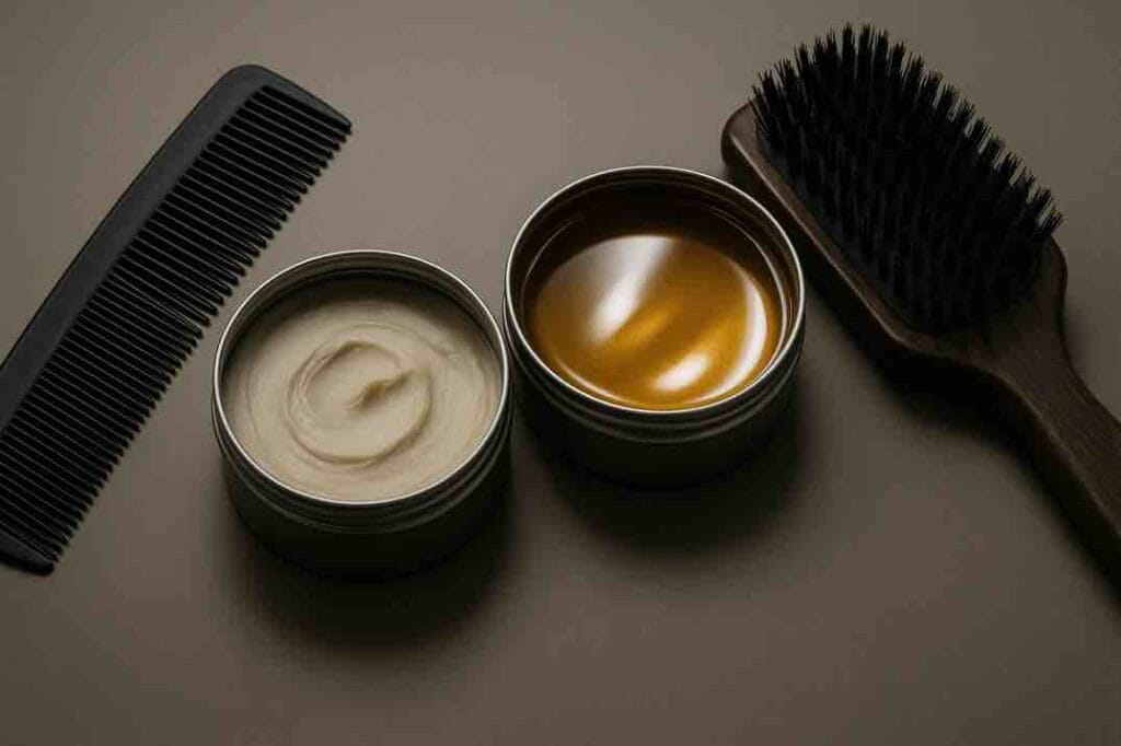 Kaksi hiusvahapurkkia, toinen mattavaha ja toinen kiiltävä vaha, vieressä kampa ja harja pöydällä.