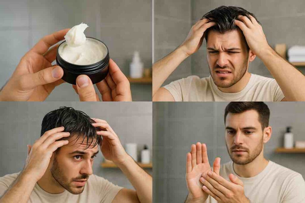 Mies levittää hiusvahaa eri vaiheissa, havainnollistaen väärää ja oikeaa käyttötapaa