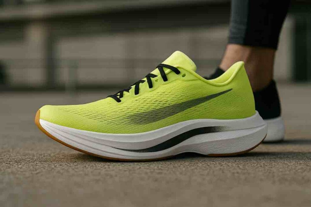 Moderni juoksukenkä teknisellä alustalla, korostettuna muotoilu ja vaimennusmateriaali.