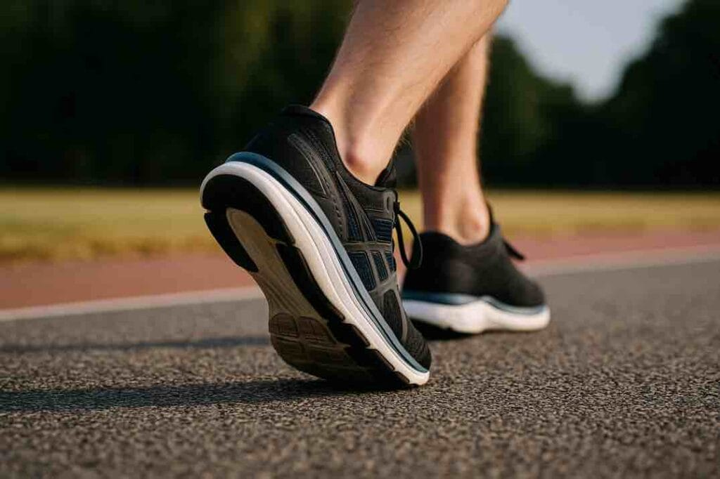 Miehen jalka juoksuasennossa asfaltilla, juoksukenkä koskettaa maata kantapää edellä.