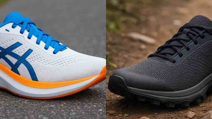 Maantie- ja polkujuoksukenkien ero näkyy asfaltin ja metsäpolun rajalla, kaksi erilaista juoksukenkää eri alustoilla.