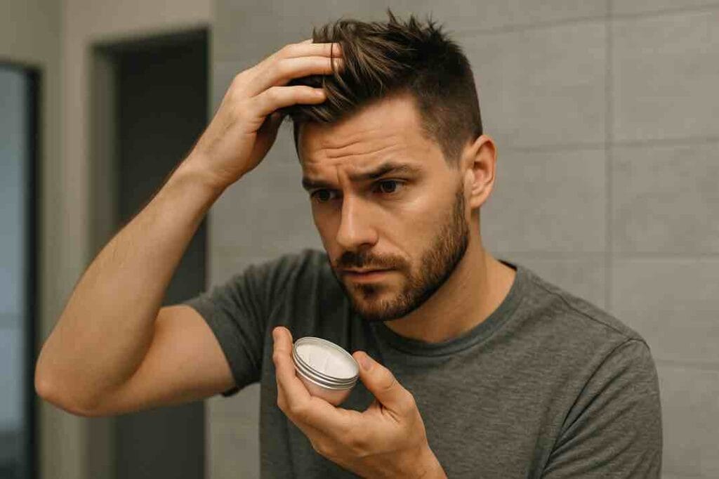 Mies levittää hiusvahaa lyhyisiin hiuksiinsa peilin edessä luonnollista tyyliä varten.