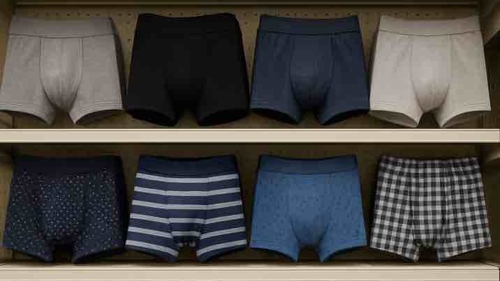 Miesten bokserit siististi järjestettynä kaupan hyllyllä.