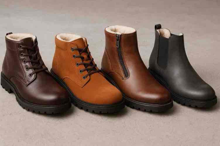 Miesten talvikengät eri tyyleissä: nahkaiset, vetoketjulliset, nauhalliset ja nauhattomat mallit.