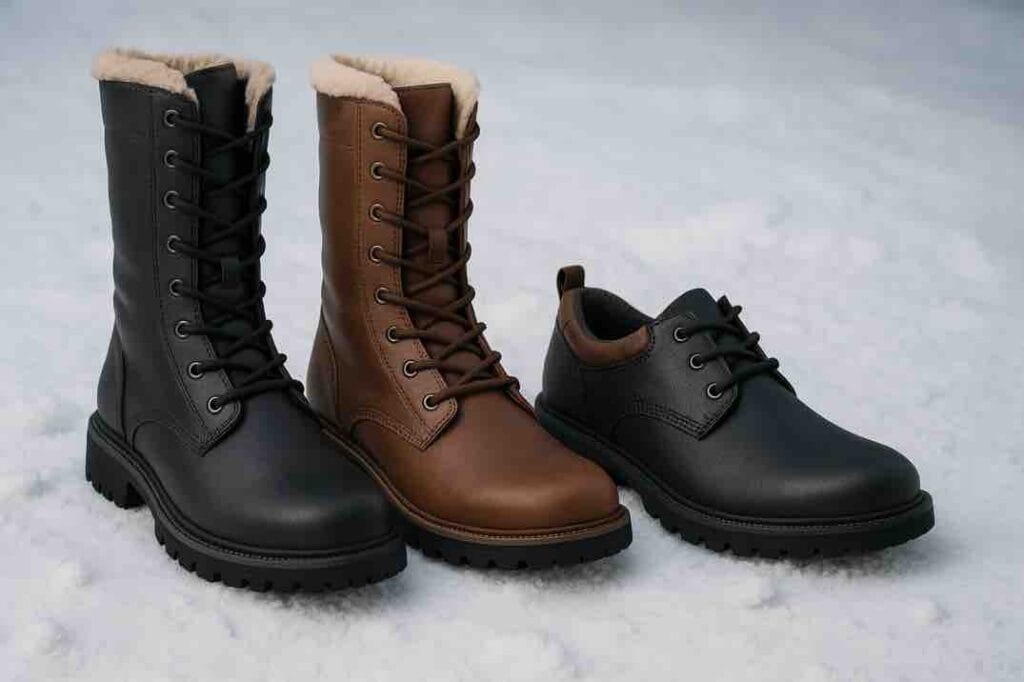 Varrelliset, pitkävartiset ja matalavartiset miesten talvikengät lumisella pinnalla.