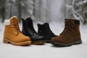 Miesten talvikengät lumisessa metsämaisemassa – neljä erilaista talvikenkäparia rivissä ulkokuvassa.