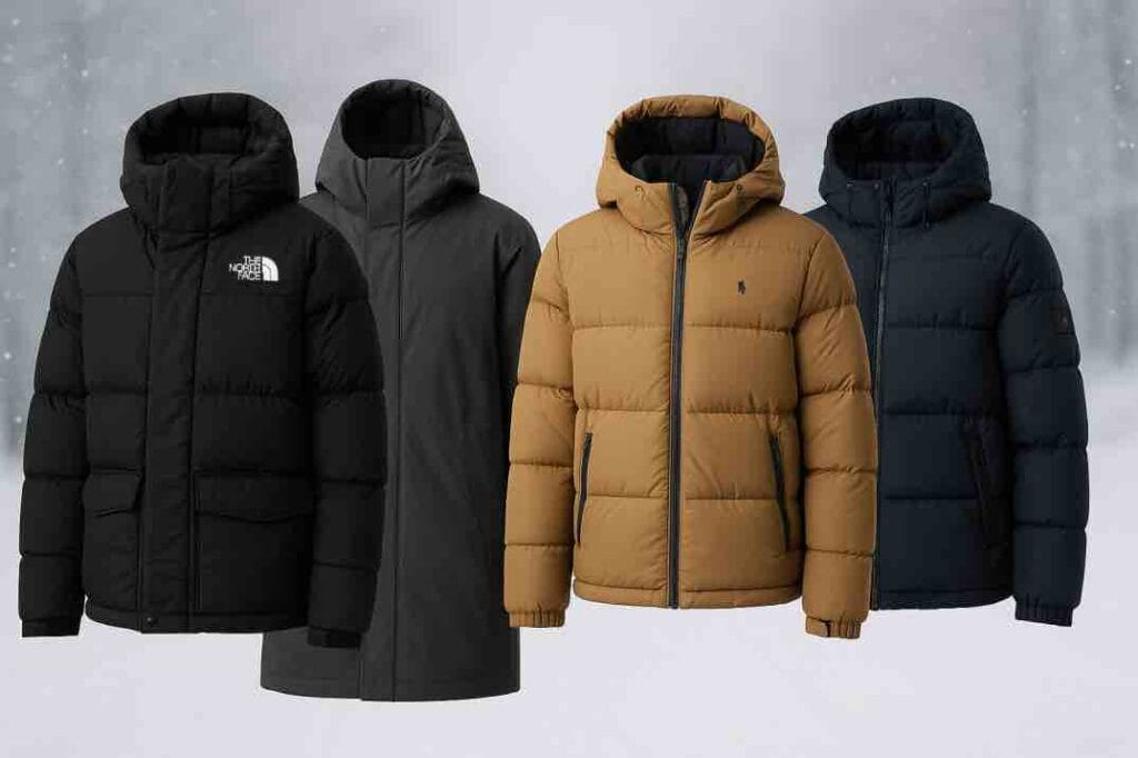 Kuvassa on neljä miesten toppatakkia, jotka on aseteltu vierekkäin harmaasävyistä lumisadetaustaa vasten. Vasemmalta oikealle näkyy musta paksusti topattu takki, tummanharmaa pidempi parkamallinen takki, vaaleanruskea toppatakki sekä tummansininen toppatakki. Kaikissa takeissa on huppu ja etuvetoketju, ja niiden leikkaukset ovat talvikäyttöön suunniteltuja. Tausta korostaa kylmän sään tunnelmaa.